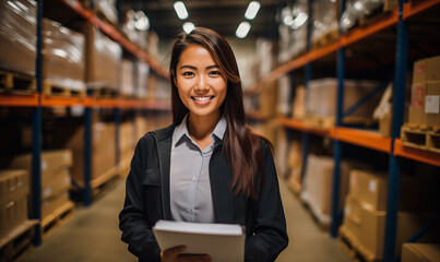 A candid portrait of a confident female manager. Intend to work in manager in a distribution center warehouse, The background is a distribution center warehouse atmosphere, Generative AI - obrazy, fototapety, plakaty