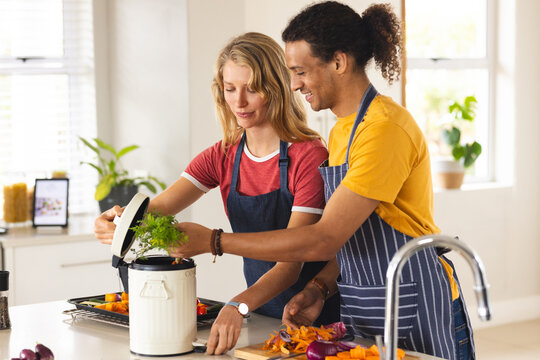 Happy diverse couple composting vegetable waste in sunny kitchen at home - Powered by Adobe