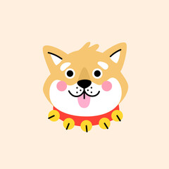 Cute cartoon Shiba Inu puppy with a red collar with bells. Hand drawn vector illustration. Funny Christmas dog character card template.