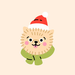 Cute cartoon Pomeranian puppy with a red hat and scarf. Hand drawn vector illustration. Funny Christmas dog character card template.