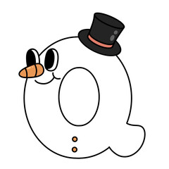 Letter Q cute 60s 70s groovy retro vintage smiley snowman cartoon font winter alphabet merry christmas xmas festive clipart