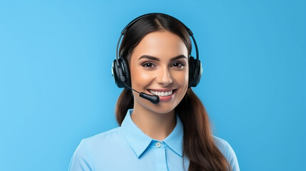 Portrait of attractive trendy cheerful girl help desk service showing copy space isolated over bright blue color background. Made with generative ai