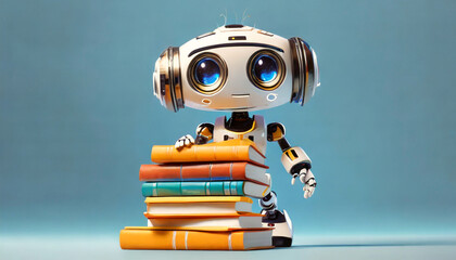 Close-up of a cute robot standing with a stack of multicolored books in front of him, on a blue background with copy space. Concept of artificial intelligence, learning and school.