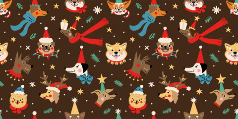 Seamless pattern with Cute cartoon dogs faces wearing different Christmas outfits.  Hand drawn vector illustration. Funny xmas background. - 679079066