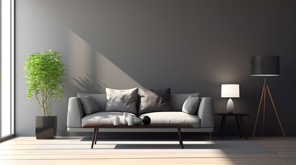 Minimalist living room in gray tones, 3D rendering.