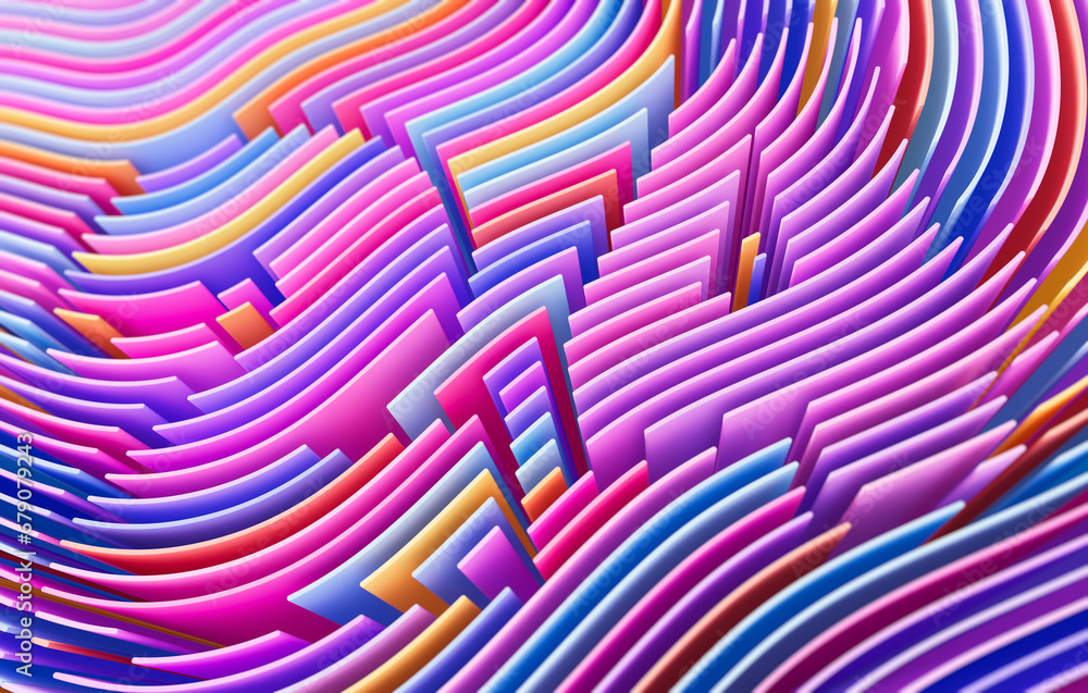Poster 3d render abstract background of smooth lines of spline figures 2024 multicolor waves with dof
