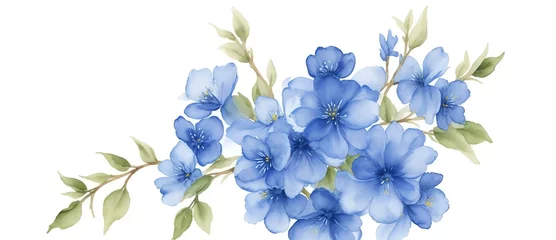 Fototapeten Watercolour bright painting of a branch with blue flowers on plain white background from Generative AI © SevenThreeSky