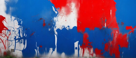Messy abstract blue and red themed paint strokes and graffiti smudges on a concrete wall from...