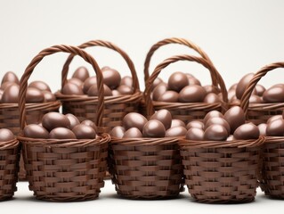 Brown baskets with chocolate eggs on a white background. Treats for children at Easter.