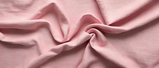 Zelfklevend Fotobehang Crumpled folded pink linen canvas fabric texture background from Generative AI © SevenThreeSky