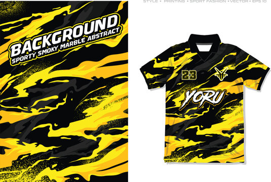 Sublimation jersey design background, sporty smoke marble abstract pattern water fire paint template, black yellow stripe striking grain effect soccer football basketball netball volleyball running