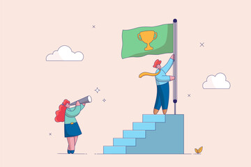 Achievement concept. Journey to reach goal. Growth step to success, visionary to see business opportunity or career path. smart businesswoman looking through telescope for target on top of stairway.