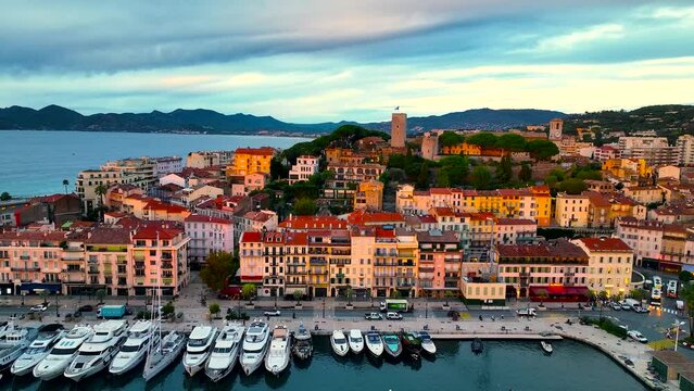 Aerial view of Cannes, a resort town on the French Riviera, is famed for its international film festival, France