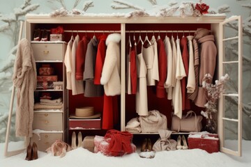 Open beige wardrobe with fashion winter clothes. Dressing cupboard arranged with textile warm clothing. Generate ai