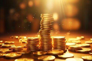 coins on a dark background.stack of gold coins on a table. Money market concept - obrazy, fototapety, plakaty