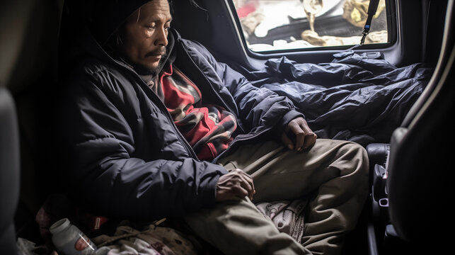 Homelessness Struggle: A poignant image capturing the harsh reality of homelessness in urban settings, people living in makeshift shelters or on the streets