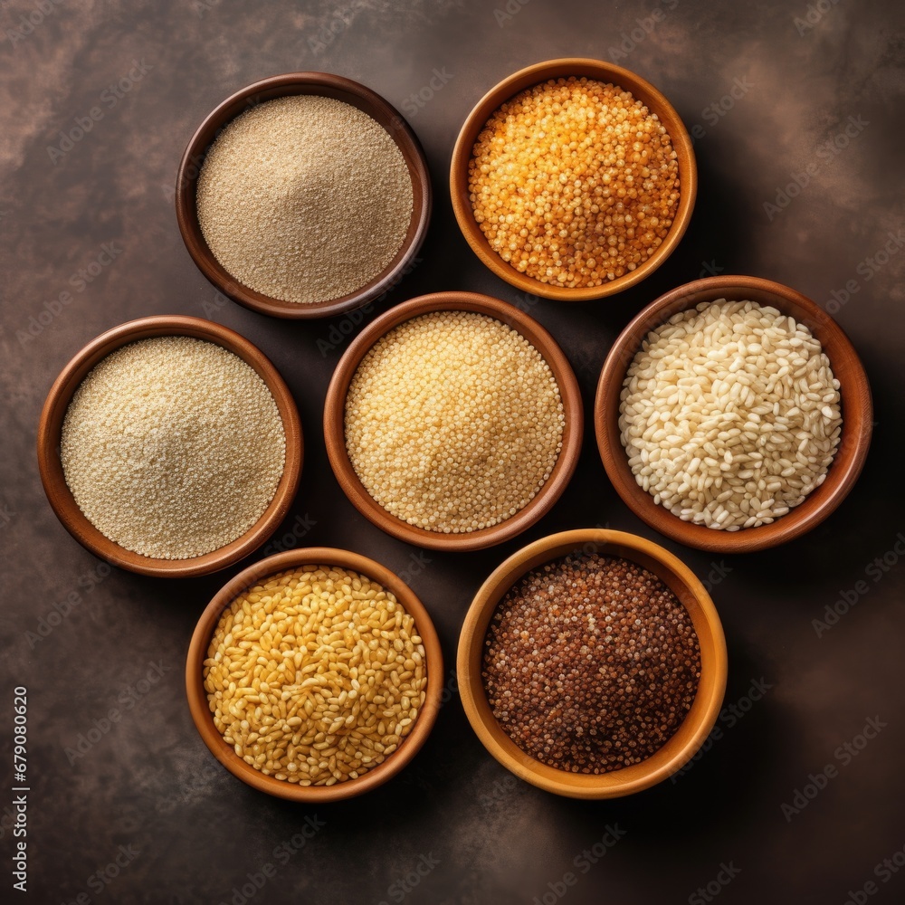 Poster a group of bowls filled with different types of rice. generative ai.