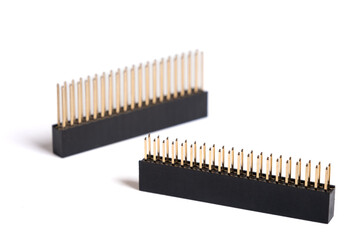 40 Pin GPIO connector header isolated on white background. 2x20 pins Raspberry Pi stacking female...