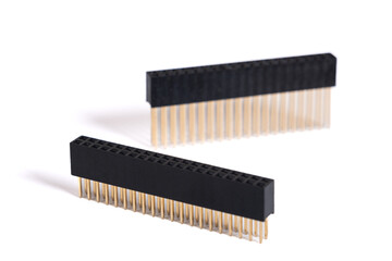 40-Pin GPIO connector header isolated on white background. 2x20 pins Raspberry Pi stacking female header. Straight extra tall and small extender for PCB, HATs board