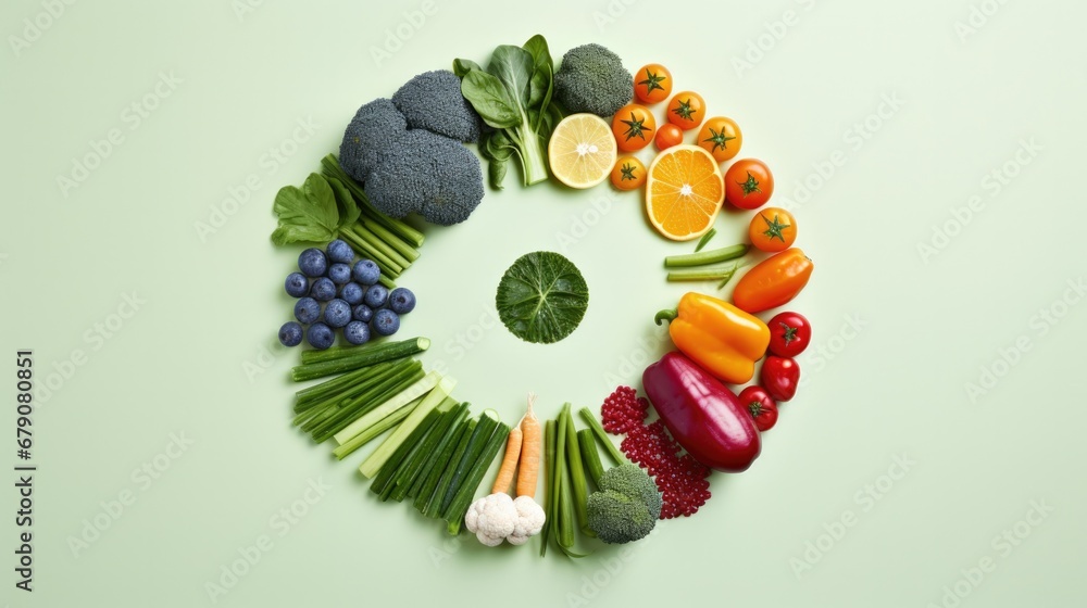 Poster a circular arrangement of fruits and vegetables arranged in a circle. generative ai.