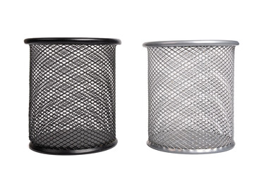 Black and gray metal pen holder isolated on white background. Empty basket paper, waste bin. Cup...