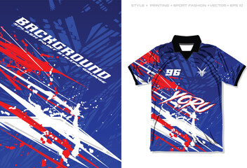 sublimation t shirt jersey design blue red white splash stripe template, abstract grunge texture sports cycling football soccer basketball casual wear apparel