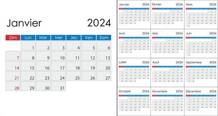 Calendar 2024 on french language, week start on Sunday - obrazy, fototapety, plakaty