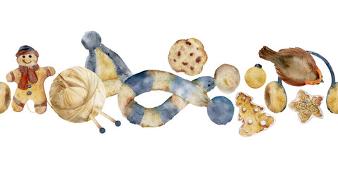 Hand drawn watercolor illustration. Knitted woolen hat, scarf, yarn ball, homemade gingerbread cookies, robin bird, Christmas. Seamless banner isolated on white. For shop, logo, print, paper, card