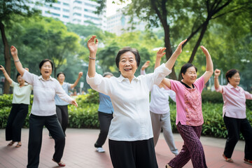 Chinese elderly women dancing on city park as a hobby and cultural phenomenom