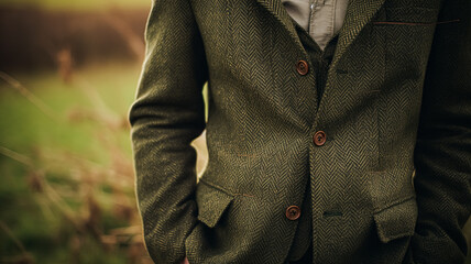 Menswear autumn winter clothing and tweed accessory collection in the English countryside, man fashion style, classic gentleman look - obrazy, fototapety, plakaty