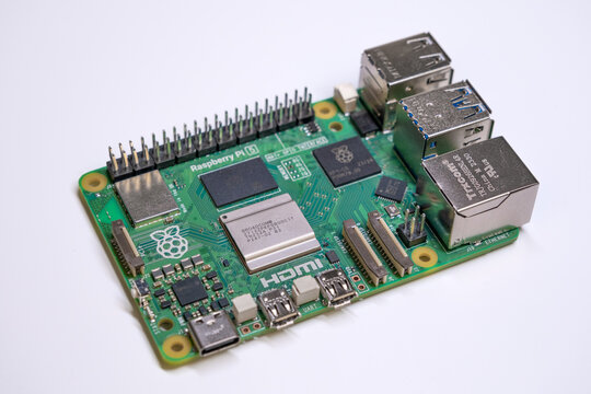 Raspberry Pi 5 isolated on white background. Single-board computer - SBC. Computer built on a single circuit board. RPi Model 5. Close up. Istanbul, Turkey - 16 November, 2023
