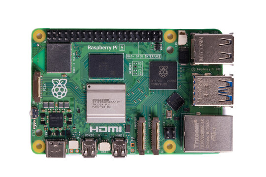 Raspberry Pi 5 isolated on white background. Single-board computer - SBC. Computer built on a single circuit board. Top view of RPi Model 5. Istanbul, Turkey - 16 November, 2023