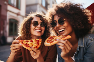 Happy young female friends eating pizza in the city
