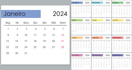 Calendar 2024 on portuguese language, week start on Monday - obrazy, fototapety, plakaty