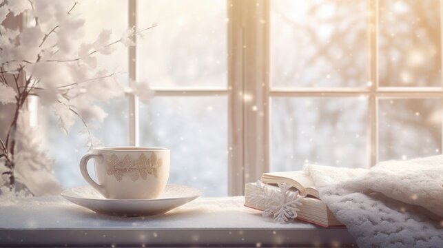 Winter background with cup of coffee and book on the window. Christmas greeting card concept