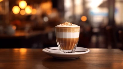 Küchenrückwand glas motiv Mocca coffee with cream on top of a glass with warm coffee drink with pumpkin spice or cinnamon, whipped milk foam and chocolate in a coffee shop or restaurant free copy space © ND STOCK