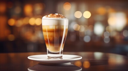 Mocca coffee with cream on top of a glass with warm coffee drink with pumpkin spice or cinnamon, whipped milk foam and chocolate in a coffee shop or restaurant free copy space