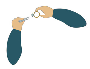 Hands making Jewelry Ring. Hand Holding Tweezers. Do it yourself workshop learning to make jewelry. Isolated Vector Flat style. Handmade classes and handicrafts. Jeweler day banner