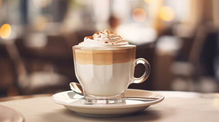 Mocca coffee with cream on top of a glass with warm coffee drink with pumpkin spice or cinnamon, whipped milk foam and chocolate in a coffee shop or restaurant free copy space