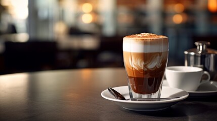 Mocca coffee with cream on top of a glass with warm coffee drink with pumpkin spice or cinnamon,...