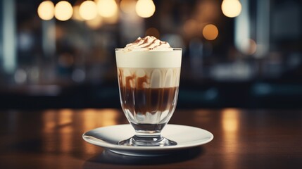 Mocca coffee with cream on top of a glass with warm coffee drink with pumpkin spice or cinnamon, whipped milk foam and chocolate in a coffee shop or restaurant free copy space