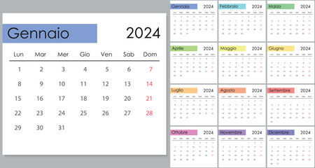 Calendar 2024 on italian language, week start on Monday - obrazy, fototapety, plakaty