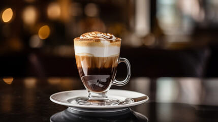 Fototapeta premium Mocca coffee with cream on top of a glass with warm coffee drink with pumpkin spice or cinnamon, whipped milk foam and chocolate in a coffee shop or restaurant free copy space