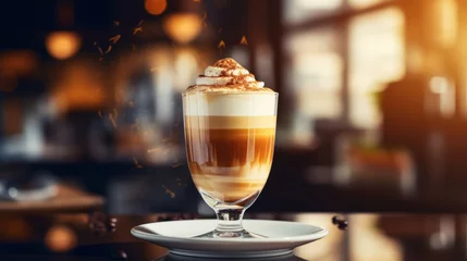 Fototapeten Mocca coffee with cream on top of a glass with warm coffee drink with pumpkin spice or cinnamon, whipped milk foam and chocolate in a coffee shop or restaurant free copy space © ND STOCK