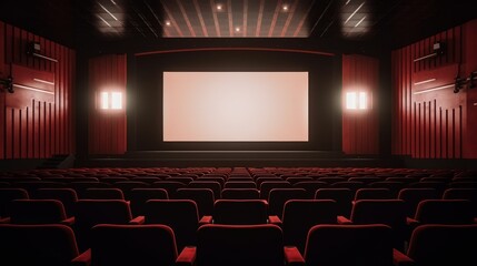 Empty movie theatre. Cinema hall with white screen and red chairs. Modern movies theater for festivals and films presentation. Interior design.