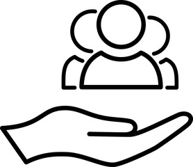 Line icon of group of people on palm as an employee protection concept