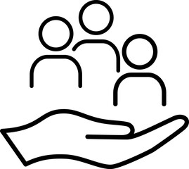 Line icon of group of people on palm as an employee protection and inclusive workplace concept