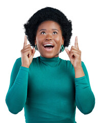 Wow, news and excited black woman with hand pointing up to isolated, transparent or png background....