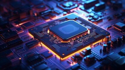 Fototapeta premium A vibrant neon microchip nestled in a complex circuit board.