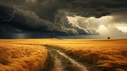 Yellow cereal field with stormy sky